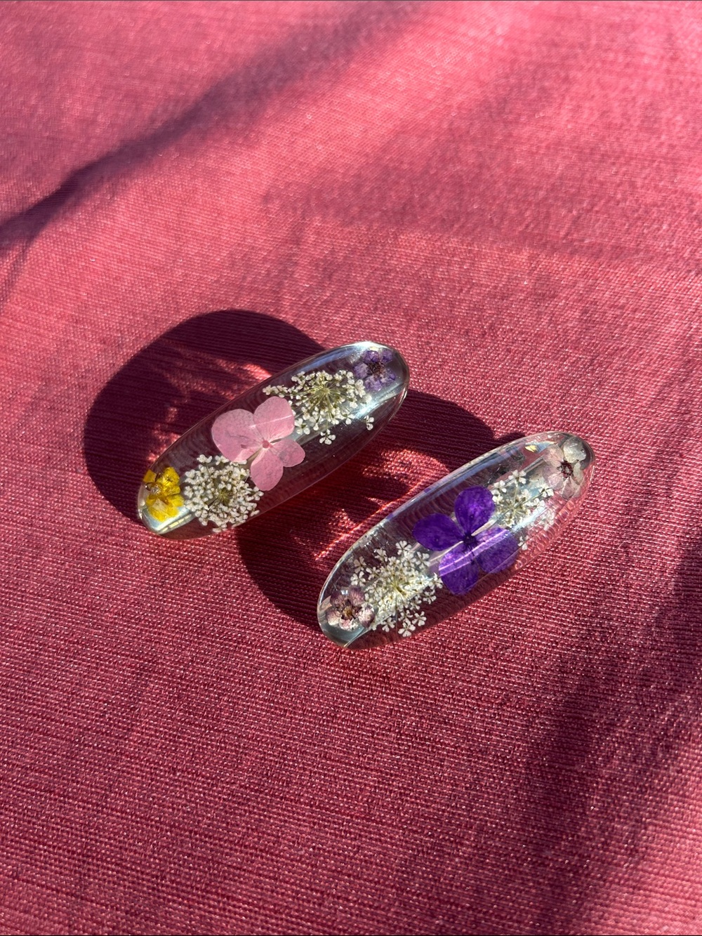 Resin Floral Hair Clip Set — Pink & Purple Pressed Flower Accents